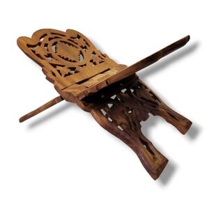 Vintage Sheesham Folding Book Stand Hand Carved Wood Made in India Ornate